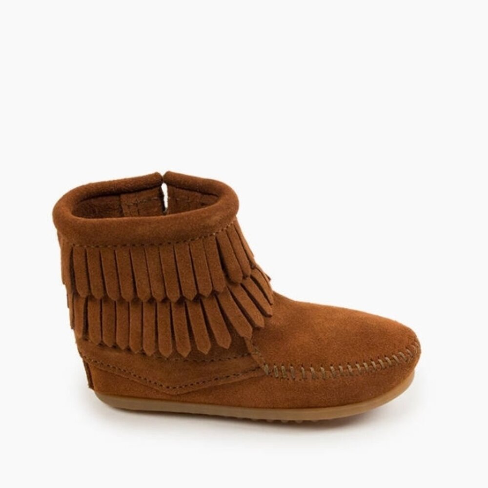 Minnetonka Kids' Double Fringe Side Zip Boot in Brown Size 11